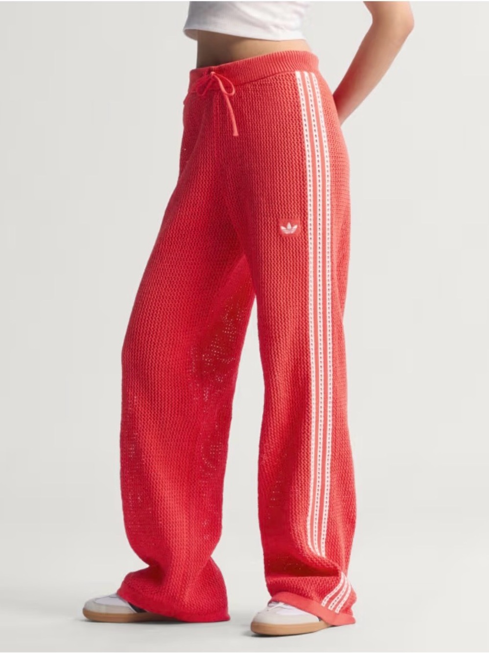Adidas Red Crochet RARE Knit Track Pants with White Three Stripes